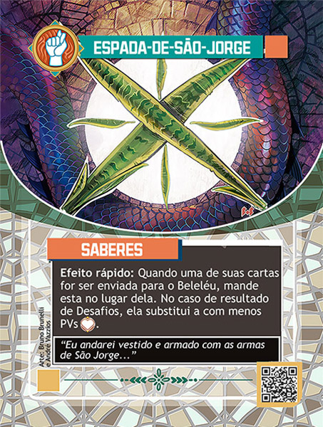 Carta de Espada de São Jorge. Com ilustração de duas folhas de espada de São Jorge cruzadas. No fundo, um circulo branco com um corpo serpente ao redor.