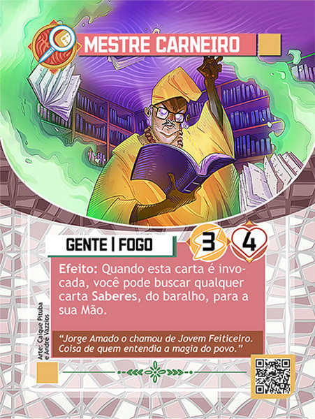 Carta de Mestre Carneiro mostrando ilustração de Carneiro, com roupas amarelas, ele segura um livro roxo em uma mão e ergue a outra. Uma rajada de fogo verde percorre por trás dele, junto a alguns livros no ar. Ao fundo um estante ocupa toda a parede, cheia de livros.