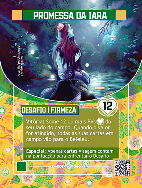 Carta de Promessa da Iara. Com ilustração da Iara, uma moça semelhante a uma sereia, com cauda de peixe sentada em uma pedra cercada de água e arvores mais a fundo. Ela tem cabelos vermelhos, uma flor na cabeça, pele azulada cauda roxa. Ela está olhando para a lua cheia.