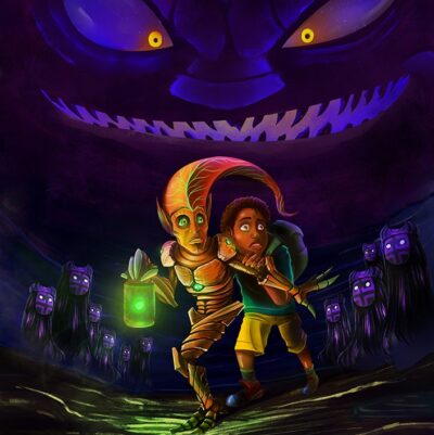Ilustração de um Saci de madeira vivo, assustando segurando uma lanterna verde, junto a um menino, Um rosto assustador sobre o teto