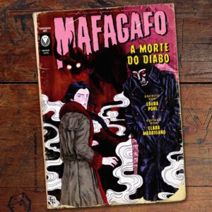 Ilustração de uma revista com o título Mafagafo. Uma mulher de sobretudo, um demônio ao fundo, e um homem cadavérico com sobretudo