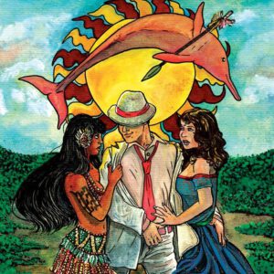 Ilustração mostrando um homem de roupa social branca, e chapéu branco. Duas mulheres, uma branca e outra indigena seguram o homem uma de cada lado. Sobre eles um sol estilizado, com um boto avermelhado contornando o sol