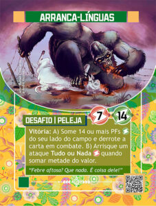 Carta de Arranca-Línguas. Com ilustração de uma fera semelhante a um gorila gigante. Ele está sentado no chão, com um pé prendendo uma vaca no chão. Com uma mão ele arranca uma cerca, com a outra mão ele segura a língua da vaca enquanto come a língua.