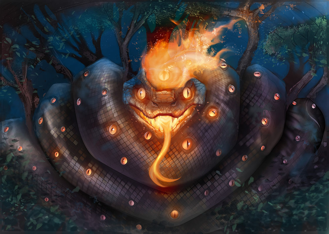 Ilustração de uma cobra gigantesca enrolada sobre si em meio a floresta, com fogo na cabeça e na boca, com a língua para fora, e muitos olhos por seu corpo.