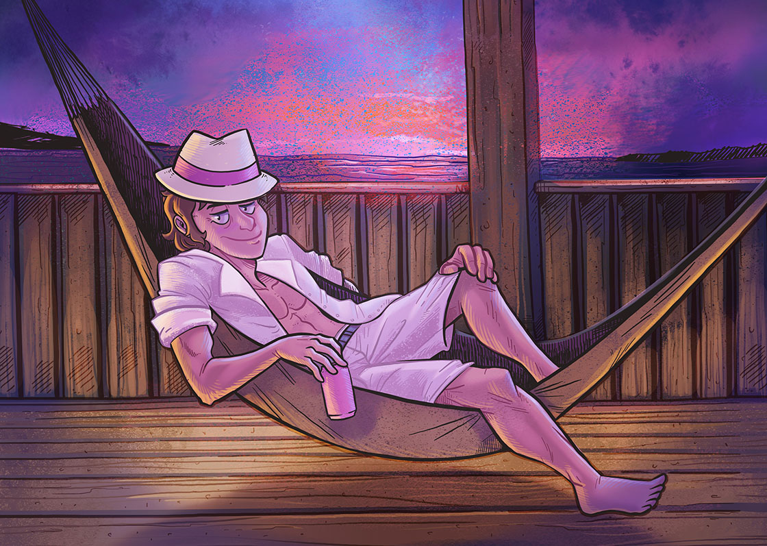 Ilustração mostrando um homem sorrindo, de pele levemente rosada, ele veste roupas brancas, uma bermuda, uma camisa aberta com mangas enroladas, e um chapéu com faixa rosa. Ele está deitado em uma rede, segurando uma latinha de bebida. Está em um cenário de madeira com uma cerca ao fundo, mais a fundo a paisagem de um rio em uma noite com iluminação roxa.