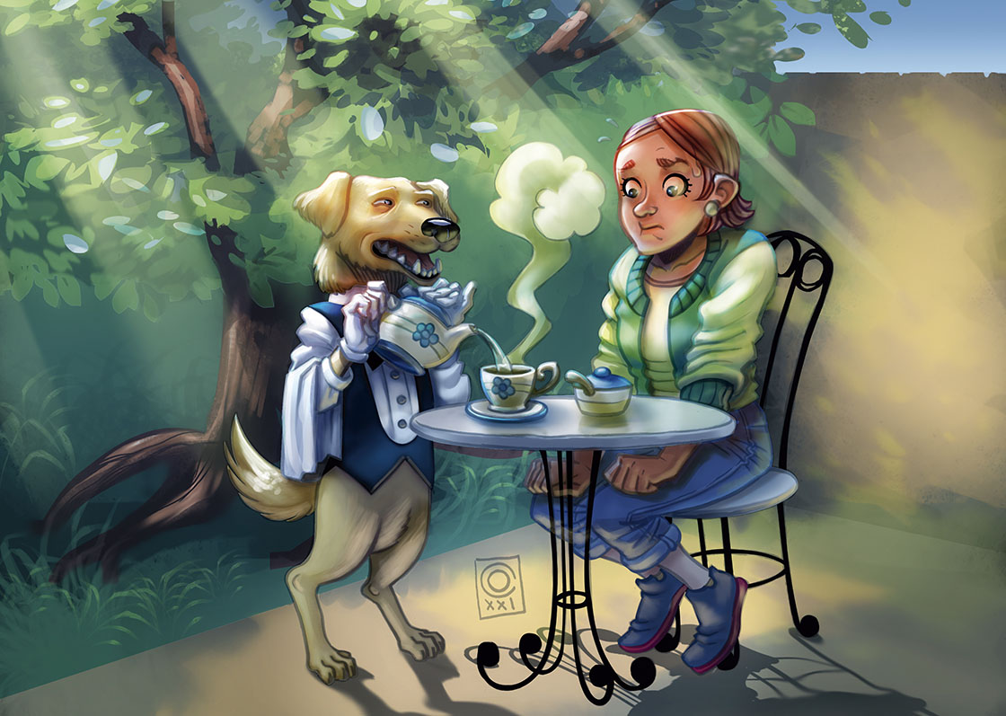 Ilustração de um cachorro de pé, vestido de garçom, servindo chá para uma mola sentada frente a uma mesa. A moça está com uma expressão apreensiva.