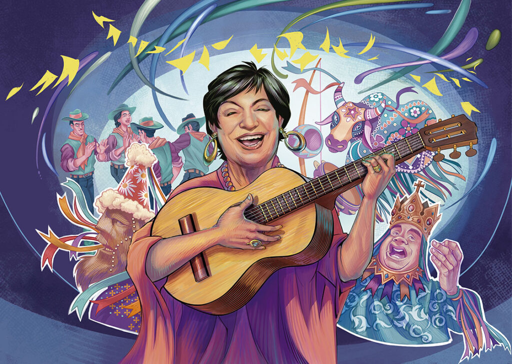 Ilustração de Inezita, ela está sorridente, de vestido roxo, tocando violão. Ao fundo uma montagem com alguns elementos folclóricos.