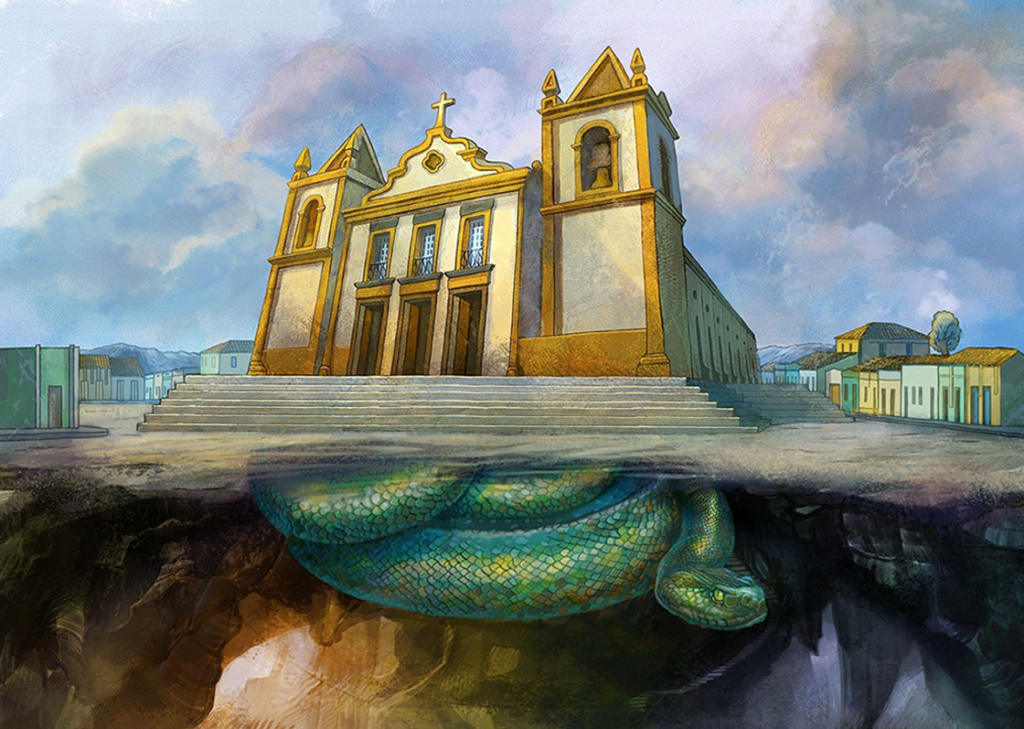 Ilustração mostrando uma igreja branca com bordas amarelas com uma escadaria na entrada. Abaixo do solo, logo abaixo a igreja uma enorme serpente verde em uma caverna.