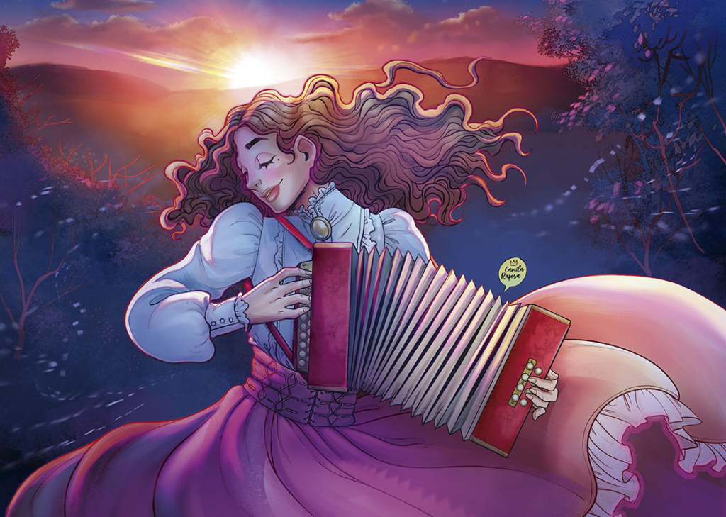 Ilustração de uma moça de cabelos longos, vestido branco e uma longa saia rosa, ela está tocando uma gaita (ou sanfona). No fundo um pôr do sol por detras das montanhas