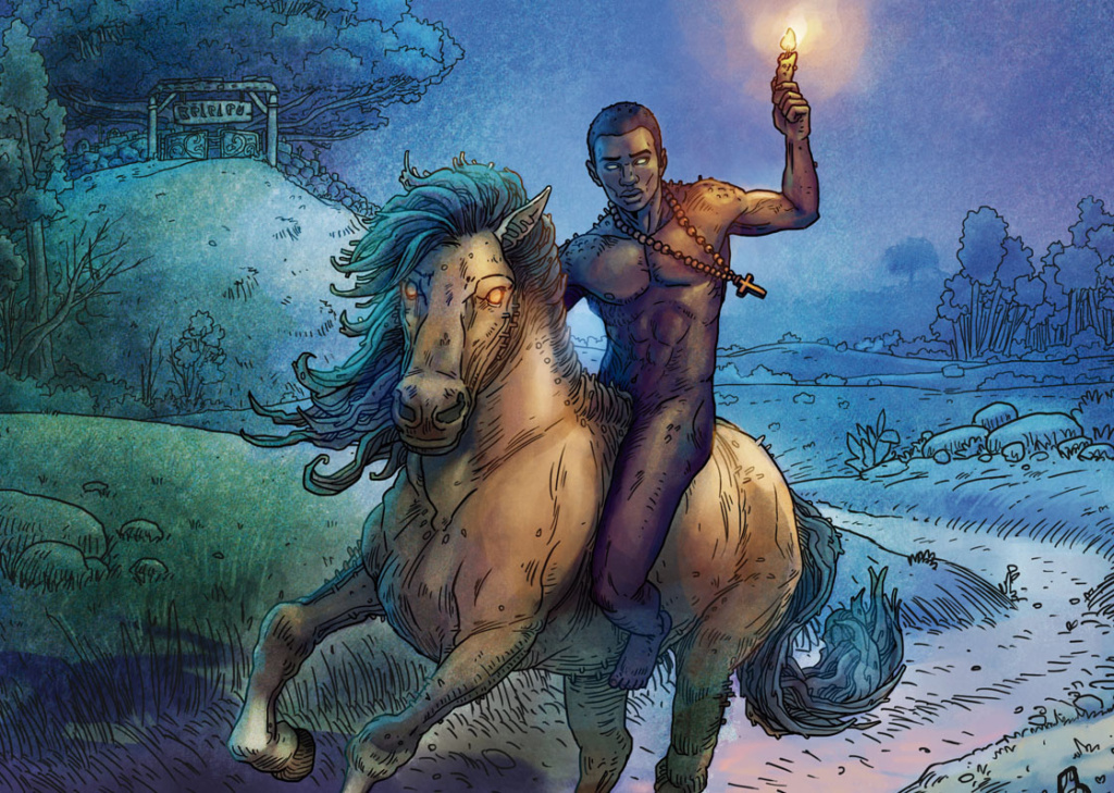 Ilustração mostrando um homem negro nu andando de cavalo segurando no alto uma vela acessa, com um cruscifixo no pescoço. Está de noite, em uma paisagem verde-azulada com gramados ao redor, e algumas árvores ao fundo.