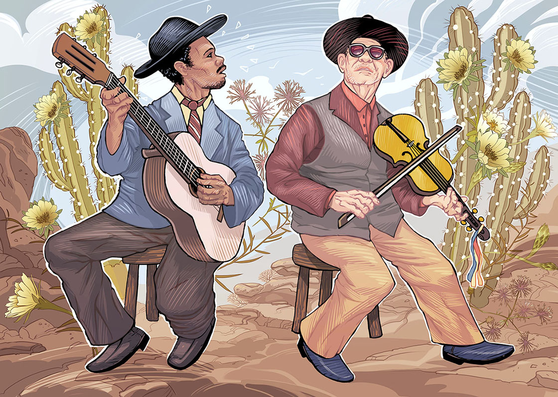 Ilustração com dois musicos sentados. O da esquerda toca violão, veste um chapéu escuro, camisa amarela, gravata vermelha, paletó azul, e calça e sapatos marrons. O da direita é um senho com óculos, chapéu, calça bege, sapato azul, camisa vermelha, e toca um violino amarelo.