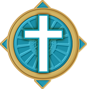 Ícone de resgate. Um circulo dourado preenchido de azul, com uma cruz no meio.