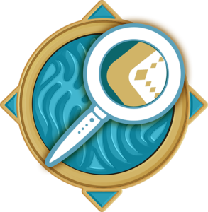Ícone de busca. Um circulo dourado preenchido de azul, com uma lupa no centro.