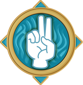 Ícone de dobradinha. Um circulo dourado preenchido de azul, com uma mão fazendo "V" de vitória.