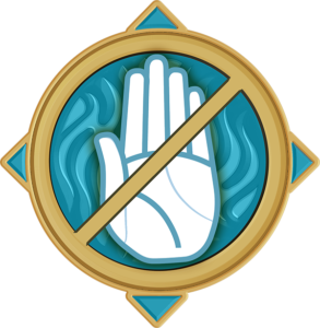Ícone de bloqueio. Um circulo dourado de proibido preenchido de azul, com uma palma de mão levantada.
