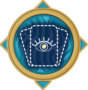 Ícone de quebranto. Um circulo dourado preenchido de azul, com três cartas azuis, e um olho na do meio.