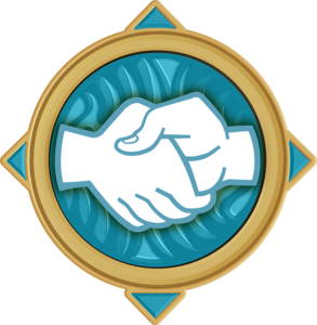 Ícone de parceria. Um circulo dourado preenchido de azul, com duas mãos se cumprimentando.