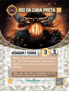 Carta do Boi da Cara Preta com ilustração mostrando de frente um boi escuro e assustador, ele está abrindo a boca com uma luz flamenjante saindo da boca e dos olhos. Ele tem chifres cinzas e ameaçadores. Um fundo escuro com iluminação ao redor do boi.