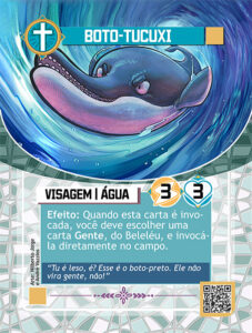 Carta do Boto Tucuxi, mostrando uma ilustração de um boto tucuxi nadando por dentro de uma onda.