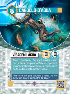 Carta do Caboclo D'água, com ilustração de um ser humanóide peludo e cinza com feições animalescas e anfibias. Debaixo da água, nadando para a superficie, com um branço esticado e o rosto fora da água. Alguns peixes nadam ao seu redor.