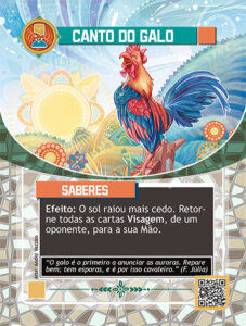 Carta do Canto do Galo. Com ilustração bem colorida de um galo cantando. Em um cenário aberto com algumas flores ao redor e campos verde-azulados, com o horizonte azulado e um sol estilizado nascendo.