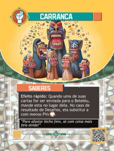 Carta de Carranca. Com ilustração de sete carrancas de diferentes formatos e tamanhos, sendo a do meio a maior. Um fundo amarelo, com algumas estrelas e folhas ao redor das carrancas.