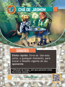 Carta de Chá de Jasmim. Com ilustração de um cachorro de pé, vestido de garçom, servindo chá para uma mola sentada frente a uma mesa. A moça está com uma expressão apreensiva.