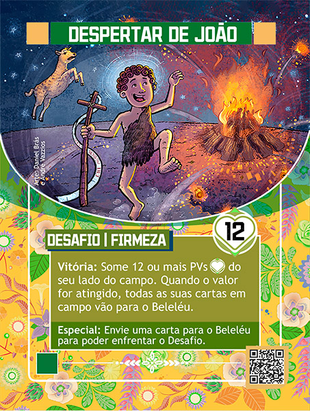 Carta de Despertar de João. Com ilustração de um homem vestindo uma pele de animal. Pulando alegremente olhando para o céu, e segurando um cajado em forma de cruz com uma fita amarrada. Ao lado dele uma fogueira, e mais a fundo um cabrito saltando.