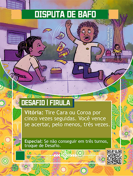 Carta de Mestre do Bafo. Com ilustração de um menino e uma menina disputando bafo. Ele está de joelhos erguendo um dos braços com algumas cartas indo pelos ares, e outras em um monte no chão. A menina está de joelho logo em frente. Uma árvore ao fundo, e outra criança sentada em um banco.