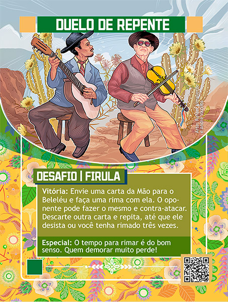 Carta de Duelo de Repente. Com ilustração com dois musicos sentados. O da esquerda toca violão, veste um chapéu escuro, camisa amarela, gravata vermelha, paletó azul, e calça e sapatos marrons. O da direita é um senho com óculos, chapéu, calça bege, sapato azul, camisa vermelha, e toca um violino amarelo.