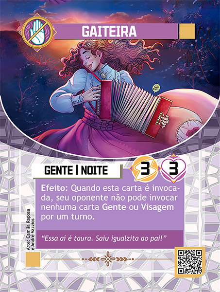 Carta da Gaiteira. Com ilustração de uma moça de cabelos longos, vestido branco e uma longa saia rosa, ela está tocando uma gaita (ou sanfona). No fundo um pôr do sol por detras das montanhas