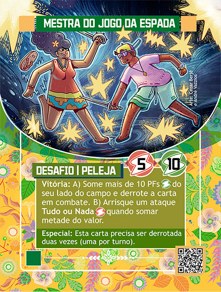 Carta de Mestra do Jogo da Espada. Com ilustração com um menino e uma menina lutando com espadas. Ele de bone amarelo para trás, camiseta rosa, um cruscifixo no pescoço, uma bermuda verde e chinelo. Ela está de colar, um vestido vermelho amarelo e azul. Um fundo azul, com inumeras figuras amarelas em forma de estrelas compondo a ilustração.