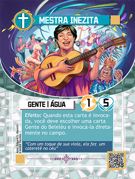 Carta de Mestra Inezita com ilustração de Inezita, ela está sorridente, de vestido roxo, tocando violão. Ao fundo uma montagem com alguns elementos folclóricos.