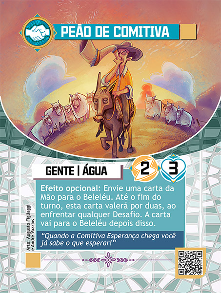 Carta de Peão de Comitiva com ilustração com perspectiva de lente grande angular, onde no centro está um homem montado em um burro. O homem veste roupa amarela, usa um chapéu e toca um berrante. No fundo alguns bois e vacas e um céu amarelo alaranjado com algumas nuvens.