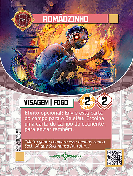 Carta de Romãozinho, mostrando uma ilustração de um garoto com rosto assustador e olhos flamejantes, ele está agachado no chão segurando um fósforo aceso e uma caixa de fósforos, ao redor dele uma lamparina e algumas latas e recipientes de produtos inflamaveis. No fundo, uma casa pegando fogo.