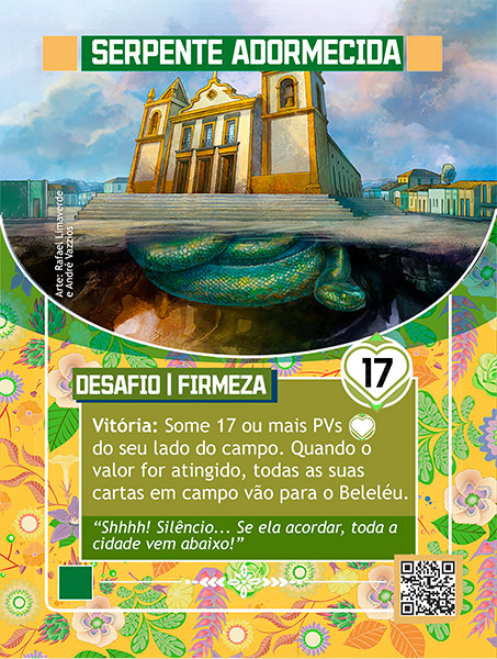 Carta da Serpente Adormecida. Com ilustração mostrando uma igreja branca com bordas amarelas com uma escadaria na entrada. Abaixo do solo, logo abaixo a igreja uma enorme serpente verde em uma caverna.