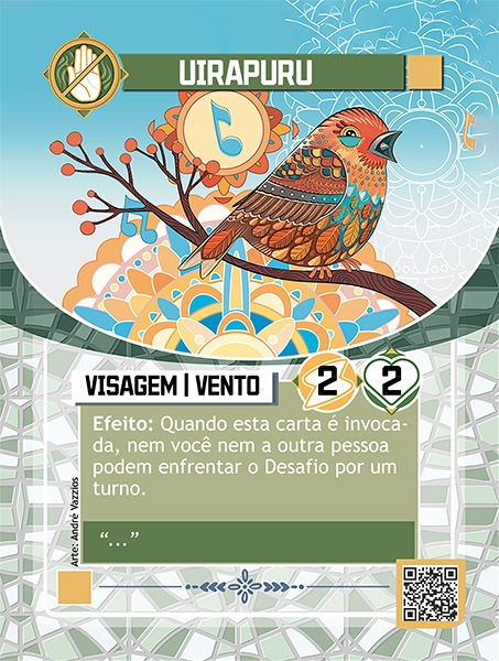 Carta de Uirapuru mostrando uma ilustração de um passaro uirapuru bem colorido em um galho de árvore, logo atras dele um circulo semelhante a uma mandala com um símbolo de nota musical no meio. No fundo, parte de um outro desenho semelhante a uma mandala.