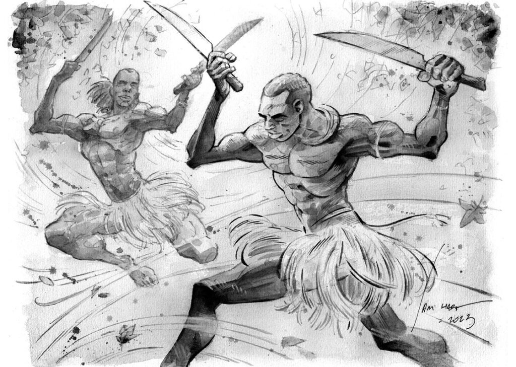 A ilustração retrata dois homens em movimento enérgico, cada um empunhando dois facões. Eles estão em plena execução de uma dança ou luta, com trajes típicos que lembram saias de fibras naturais. Os traços da arte transmitem força e agilidade, com detalhes que reforçam a conexão com a terra e a ancestralidade.