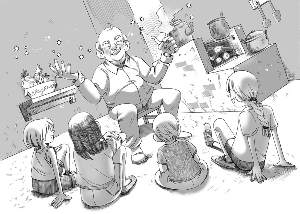Ilustração em tons de cinza mostrando um senhor sorridente segurando um cachimbo, ele está sentando em uma cadeira, contando alguma história para quatro crianças que sentam no chão de frente para ele.