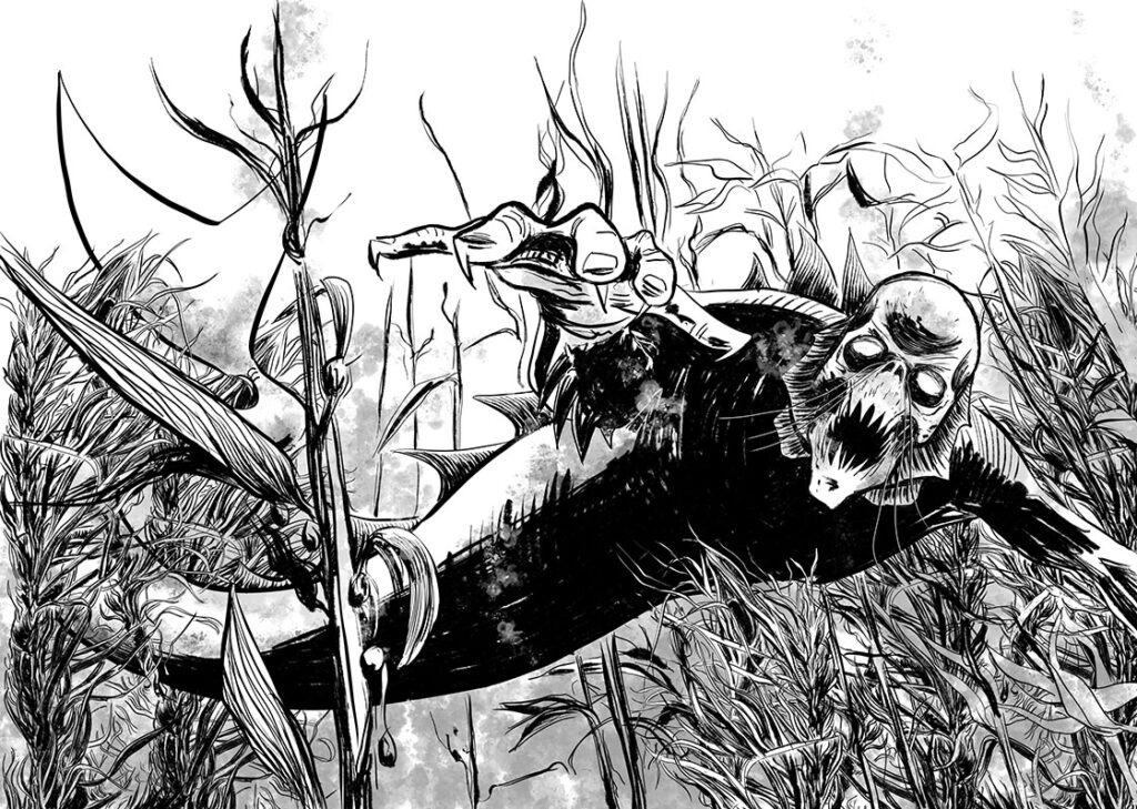 Ilustração em tons de cinza mostrando Ipupiara, uma criatura meio humanóide, com rosto assustador, braços humanóides e cauda de peixe, quase como uma sereia monstruosa. A criatura está nadando em meio algumas plantas marinhas