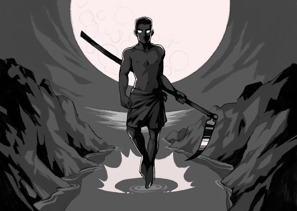 Ilustração escura mostrando um cenário sombrio, iluminado por uma grande lua cheia ao fundo. Em primeiro plano, um homem negro flutuando sobre a água e segura uma foice. Seu olhar é sério e seus olhos totalmente branco.