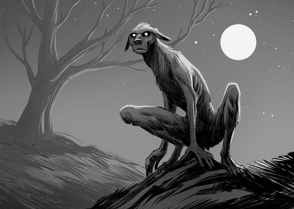 Ilustração em tons de cinza mostrando um cachorro quase humanóide, ele é um cachorro magro com braços e pernas finas e longas. O cenário é um gramado com uma árvore ao fundo em uma noite de lua cheia.