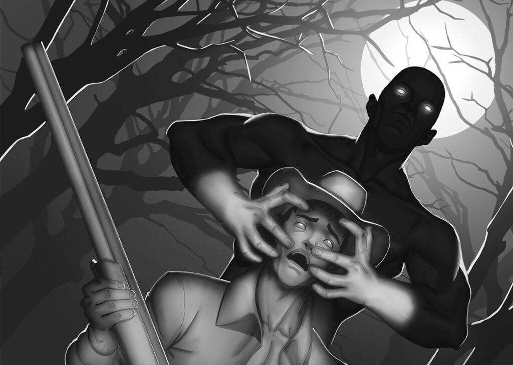 Ilustração em tons de cinza mostrando um caçador em uma floresta, ele segura uma arma de cano longo, mas está assustado pois atrás dele está o Mãozão, um ser humanóide, sem camisa e sem cabelo, com aspecto sério e olhos brancos, ele é bem alto e possui mãos grandes que estão encostando no rosto do caçador assustado em uma noite de lua cheia no fundo