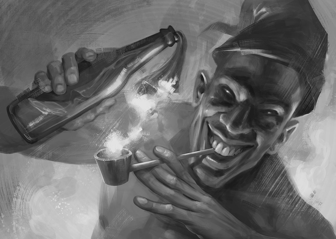 Ilustração em tons de cinza mostrando o rosto do Saci. Ele está sorridente mas com um feição levemente assustadora, ele veste seu gorro, segura na boca e com uma mão um cachimbo do qual usa para ascender um coquetel molotov que segura com a outra mão