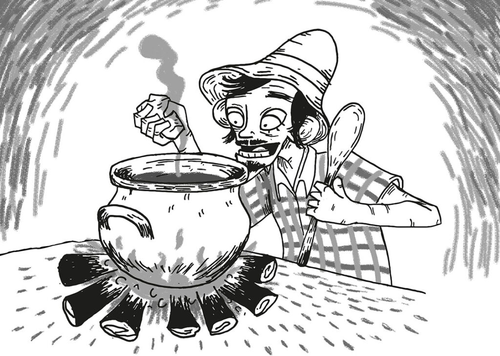 Ilustração mostrando um homem de bigode e barbicha, chapéu, roupa quadriculada, segurando uma colher de pau, colocando pedra em uma sopa em um caldeirão sobre fogo à lenha seobre uma superficie